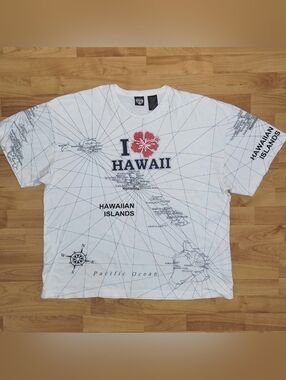 Hawaii All Over Print White Graphic Shirt, I Love Hawaii, Islands Map AOP, 2XL